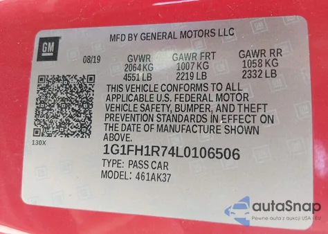 2020 Chevrolet Camaro Rwd 2Ss z USA, uszkodzony, nr VIN 1G1FH1R74L0106506